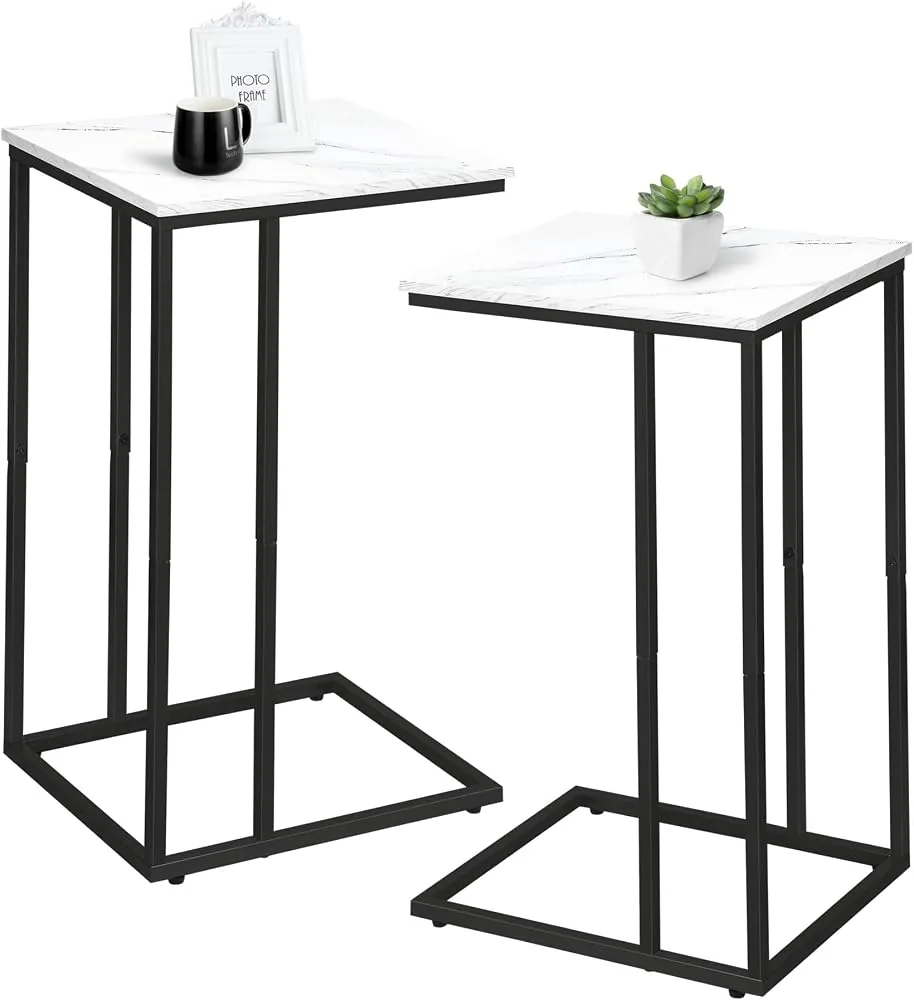 c shaped side table set of 2 marble end table for sofa and bed couch table that slide under snack side table for living room bedroom or small spaces white and black
