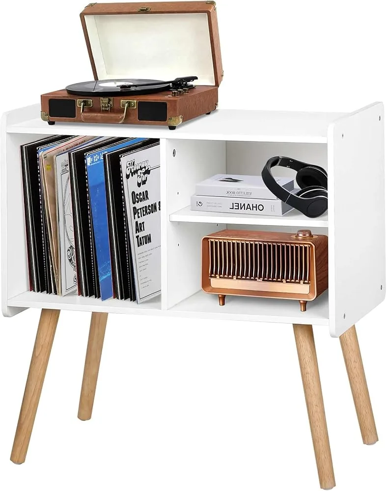 possile mid century record player stand vinyl record cabinet holder with storage up to 100 albums record player table for living room bedroom office turntable stand with wood legs white
